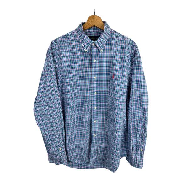 Ralph Lauren Blue Pink Pony Mens size L Button Down Long Sleeve Striped Shirt - Picture 1 of 8